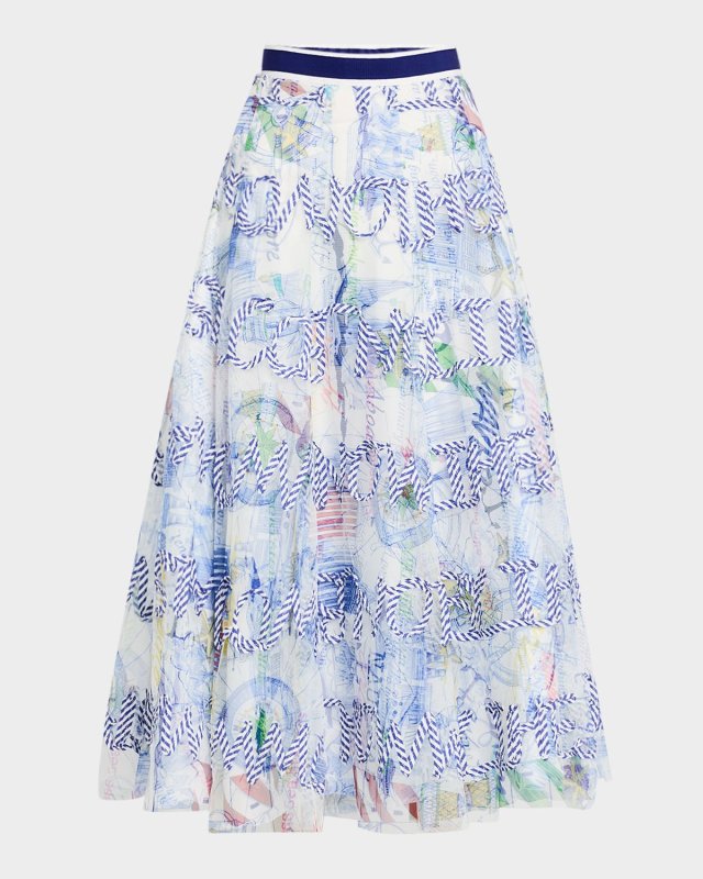 Script-Embroidered Nautical Tulle Midi Skirt